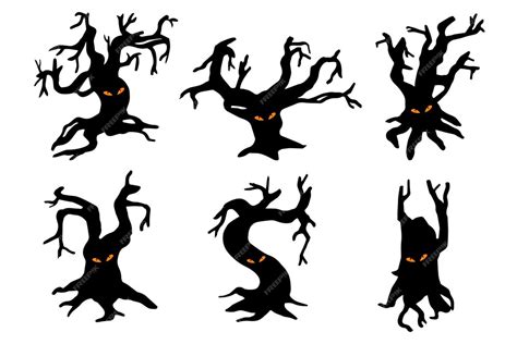 Premium Vector Scary Trees With Glowing Eyes In The Dark Hand Drawn