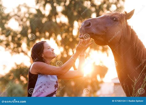 Beautiful Girl Feeding Her Handsome Horse Stock Photo Image Of Mare