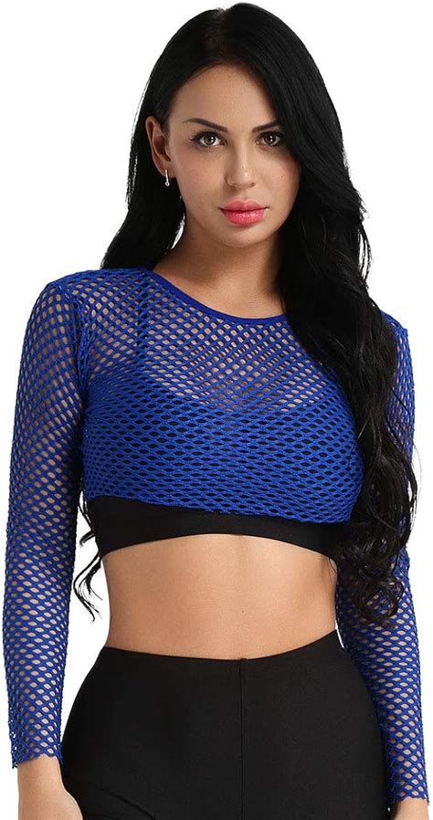 YUUMIN Damen Transparent Netz Shirt Langarm Sexy Elegant Einfarbig