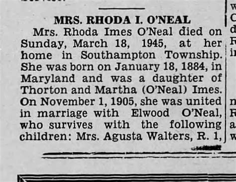 Rhoda Iame Oneal Obit March 1945 ™