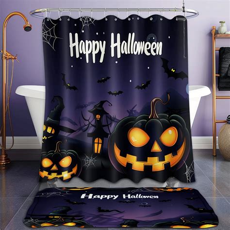 Spooky Halloween Bathroom Decor Shower Curtain Black Pumpkins And