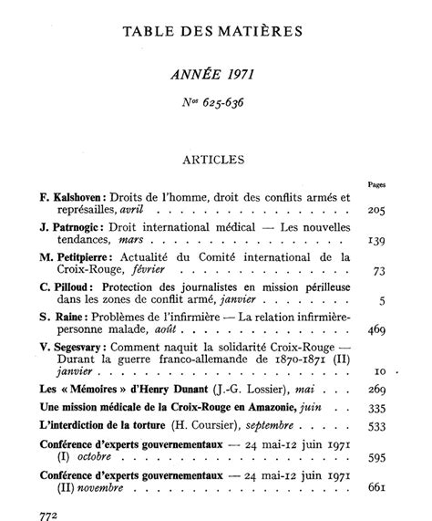 Table des Matières Année 1971 International Review of the Red Cross