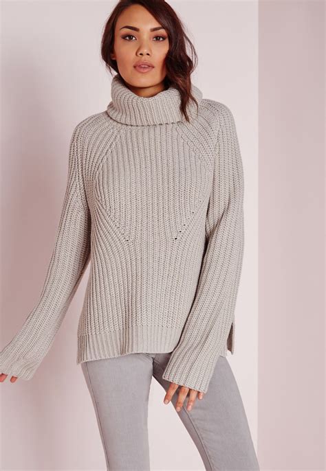 Missguided Chunky Roll Neck Jumper Grey Ladies Turtleneck Sweaters