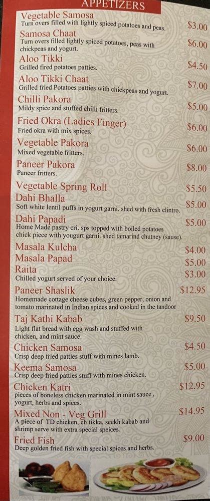 Menu at Taj Mahal Indian Restaurant, Carol Stream, 802 W Army Trail Rd