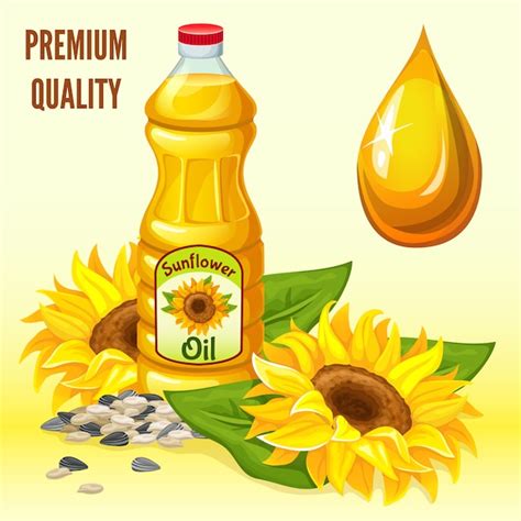 Aceite De Girasol Flores Semillas Y Hojas Vector Premium