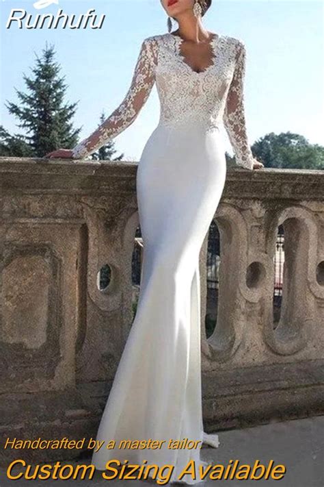 Runhufu Lace Long Sleeve Mermaid Wedding Dress For Women With Train