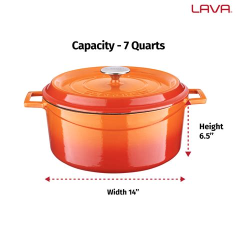 Lava Heavy Large 7 Qt Enamel Coated Cast Iron Dutch Oven Round Orange Pot With Lid