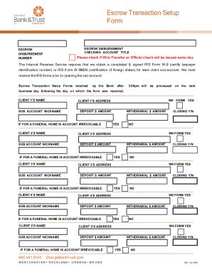 Fillable Online Escrow Transaction Setup Form Doc Fax Email Print