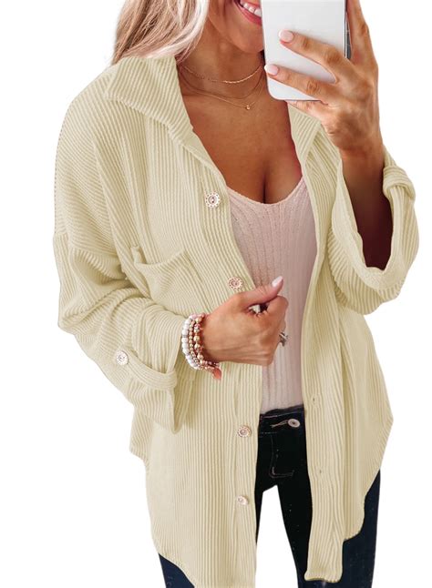 SHEWIN Womens Waffle Knit Shacket Boyfriend Button Down Shirt Jacket