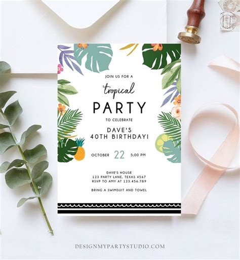 Editable Tropical Birthday Invitation Tropical Party Adult Birthday