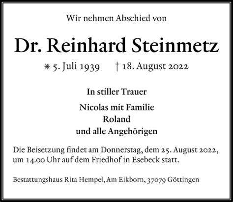 Traueranzeigen Von Reinhard Steinmetz Trauer Anzeigen De