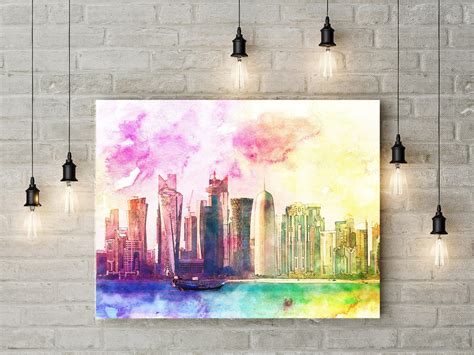 Doha Skyline Watercolor Landscape Painting Printable Wall Etsy