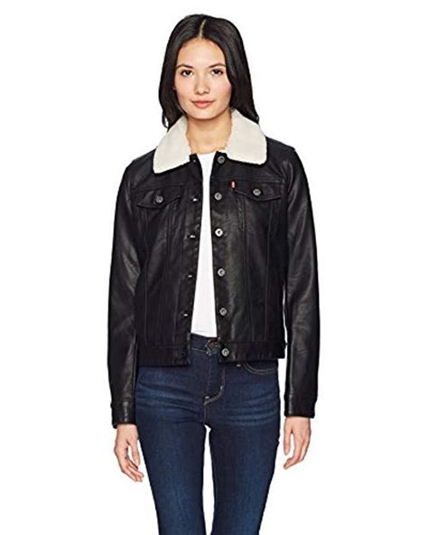 Levis Classic Faux Leather Sherpa Collar Trucker Jacket In Black Save 6 Lyst