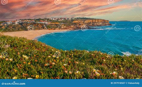 Small European Town Against Cloudy Sunset Sky Sandy Beach And Atlantic