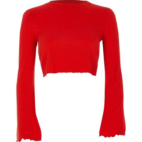 Red Crop Top Red Long Sleeve Crop Top Red Bell Sleeve Top Bell