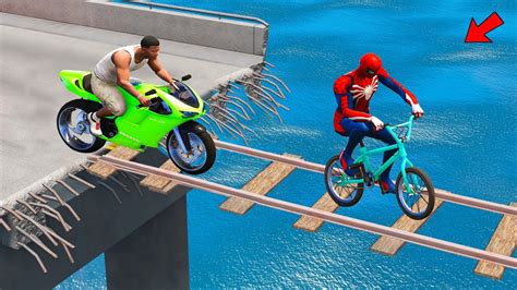 Franklin Motorcycle And Spiderman Bicycle Broken Bridge Stunt Race