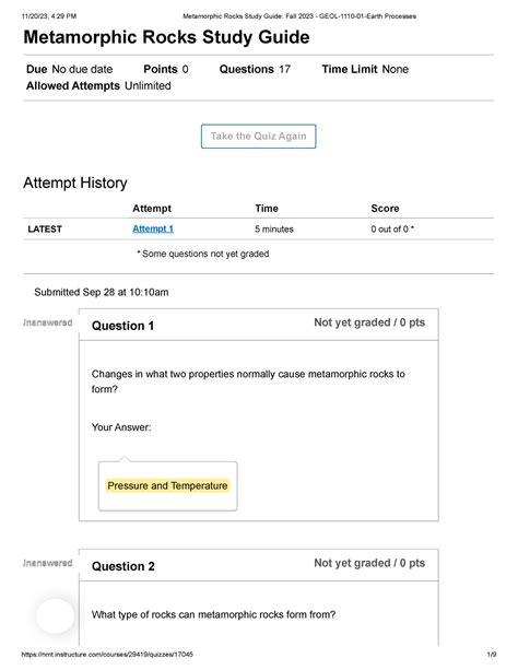 Metamorphic Rocks Study Guide Fall 2023 GEOL 1110 01 Earth Processes