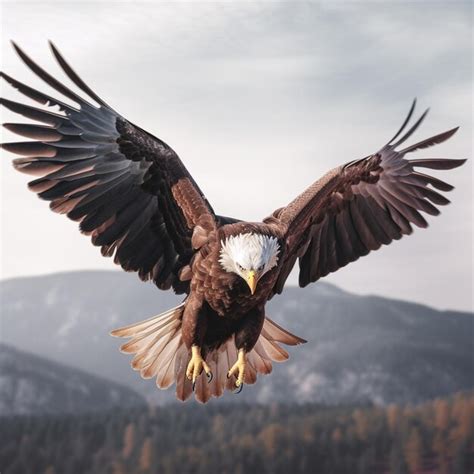 A Bald Eagle With A White Head And Yellow Beak Is Flying In The Air