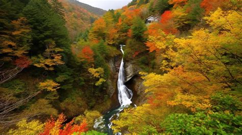 Waterfall Surrounded By Autumn Colored Trees Background Autumn Leaves