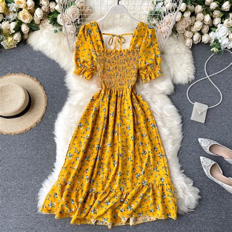 Boho Fino Vintage Floral Impress O Ver O Midi Vestido Longo Gola