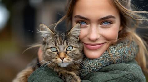 Premium Photo Smiling Woman Embracing Tabby Cat Outdoors