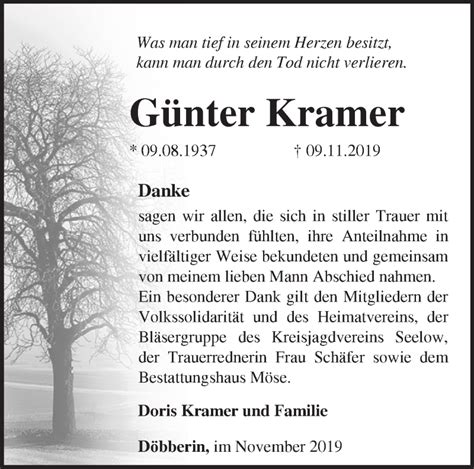 Traueranzeigen von Günter Kramer Märkische Onlinezeitung Trauerportal