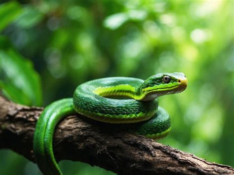 Premium AI Image | A green snake is on a branch on natural background ...