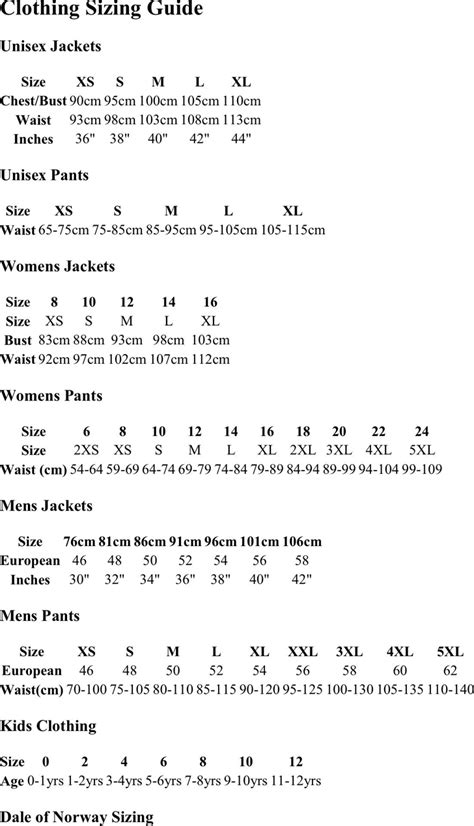 Clothing Sizing Chart Men