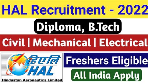 HAL Recruitment 2022 Diploma B Tech Freshers Eligible Apprentice