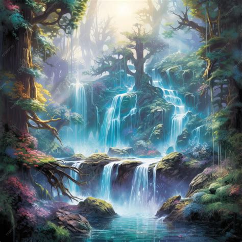 Premium AI Image | In the Heart of an Enchanted Forest A Mystical Waterfall