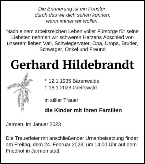 Traueranzeigen Von Gerhard Hildebrandt Trauer Nordkurier