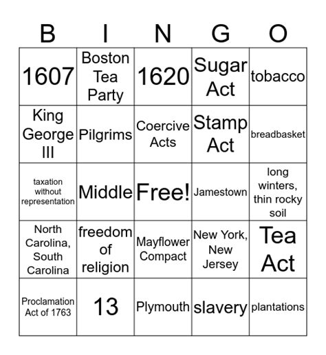 Colonial And Revolution Review Bingo Card