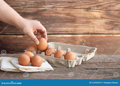 Woman Hand Holding Chicken Eggs Brown Eggs Organic Egg On Calico At