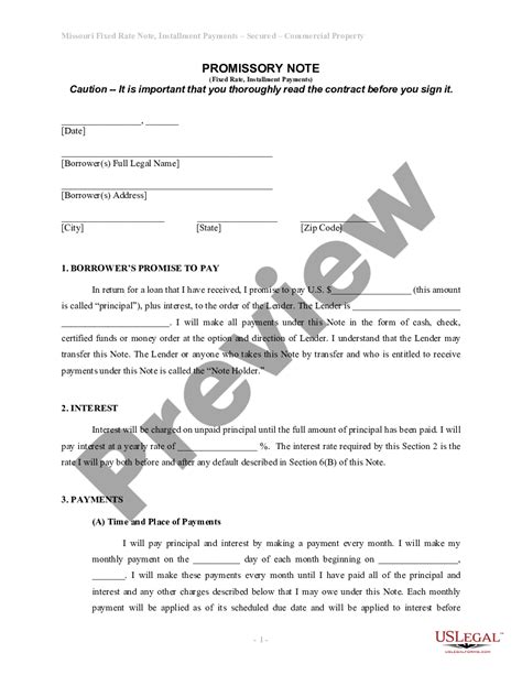 Missouri Installments Fixed Rate Promissory Note Secured By Commercial Real Estate Missouri