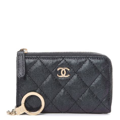 Chanel Iridescent Caviar Quilted Zipped Key Holder Case Black 476436