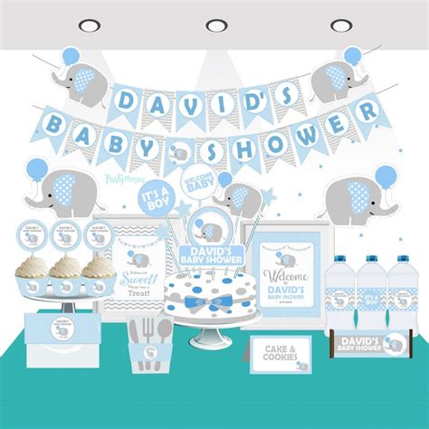 Editable Blue Elephant Baby Shower Party Set Printable Editable Full