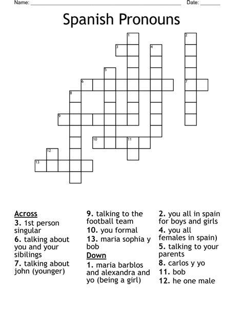 Subject Pronouns Crossword WordMint