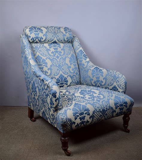 Antique Victorian Armchair Upholstered In Blue Damask 617451