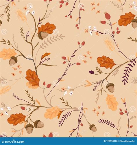 Autumn Floral Seamless Pattern Con Las Bellotas Las Hojas Y Las Flores