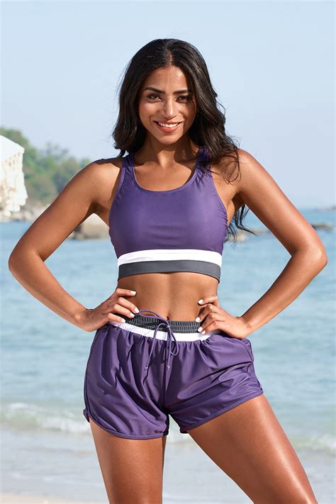 Purple Color Block Scoop Neck Wide Straps Sporty Bikini Top And High