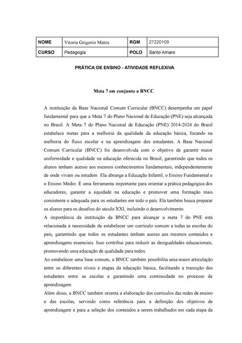 Meta Trabalho Sobre A Import Ncia Da Aplica O Da Bncc Para A Meta