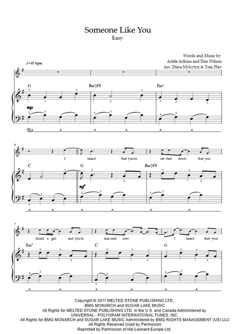 Someone Like You (Easy Level, Solo Piano) (Adele) - Piano Sheet Music