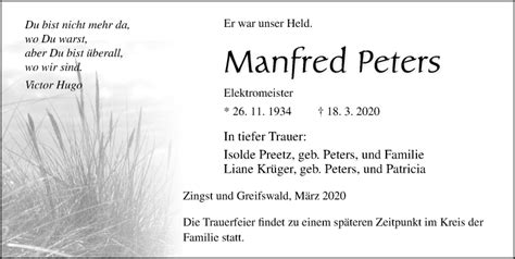 Traueranzeigen Von Manfred Peters Trauer Anzeigen De