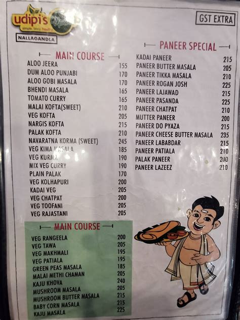 Menu At Udipi S Upahar Nallagandla Hyderabad