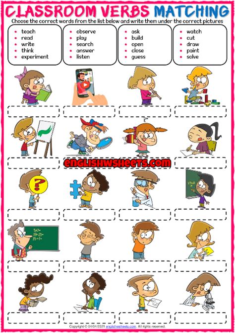 Classroom Verbs Esl Printable Matching Exercise Worksheet Artofit