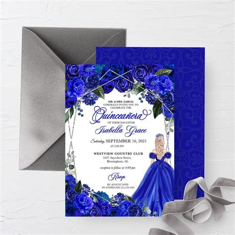 Editable Invitation Royal Blue Silver Floral Quinceanera Invitation