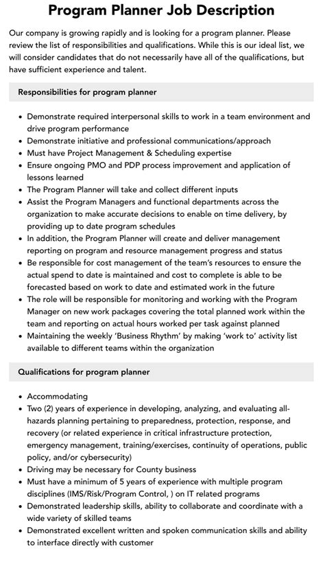 Program Planner Job Description Velvet Jobs