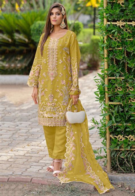 Buy Embroidered Organza Pakistani Suit In Olive Green Online Kvg