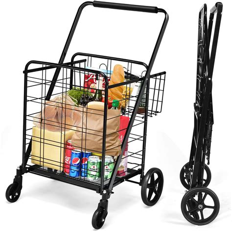 Buy Goplus Folding Shopping Cart, Jumbo Double Basket Utility Grocery ...