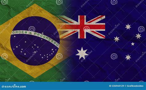 Australia And Brasil Flags Together Crumpled Paper Effect 3D